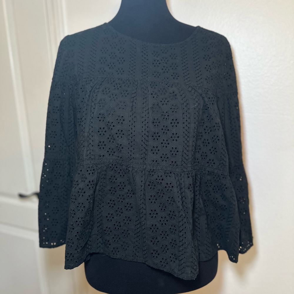 Madewell Black Eyelet Lace Peplum Blouse